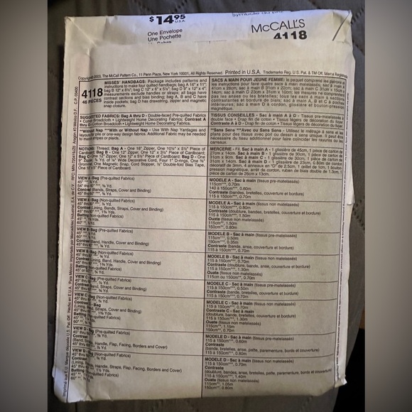 Clothes Pattern McCalls #4118 2003 Handbags Purse - Uncut - Picture 2 of 3